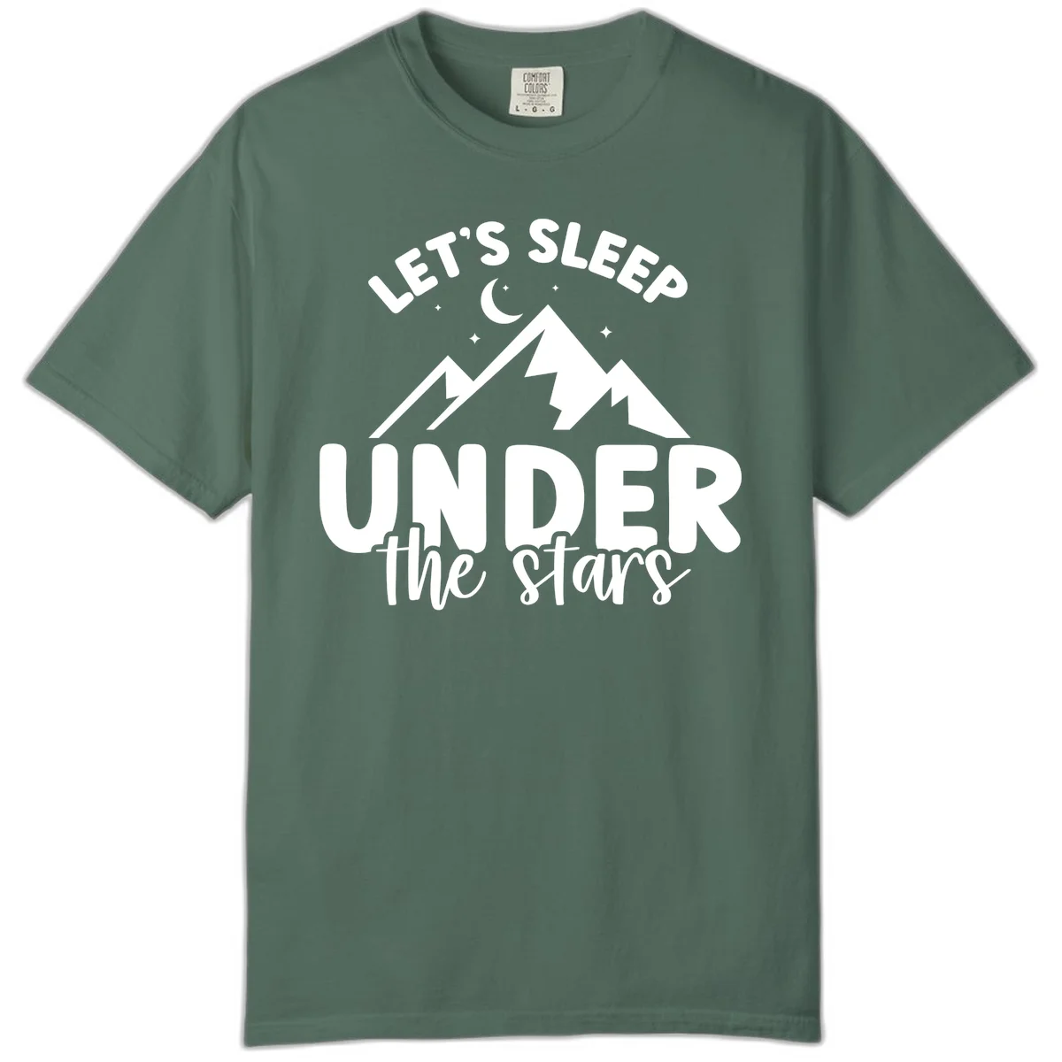 White illustration of jagged mountains with lightning bolts under a crescent moon and stars, with text reading 'Let's Sleep Under the stars' in Blue Spruce