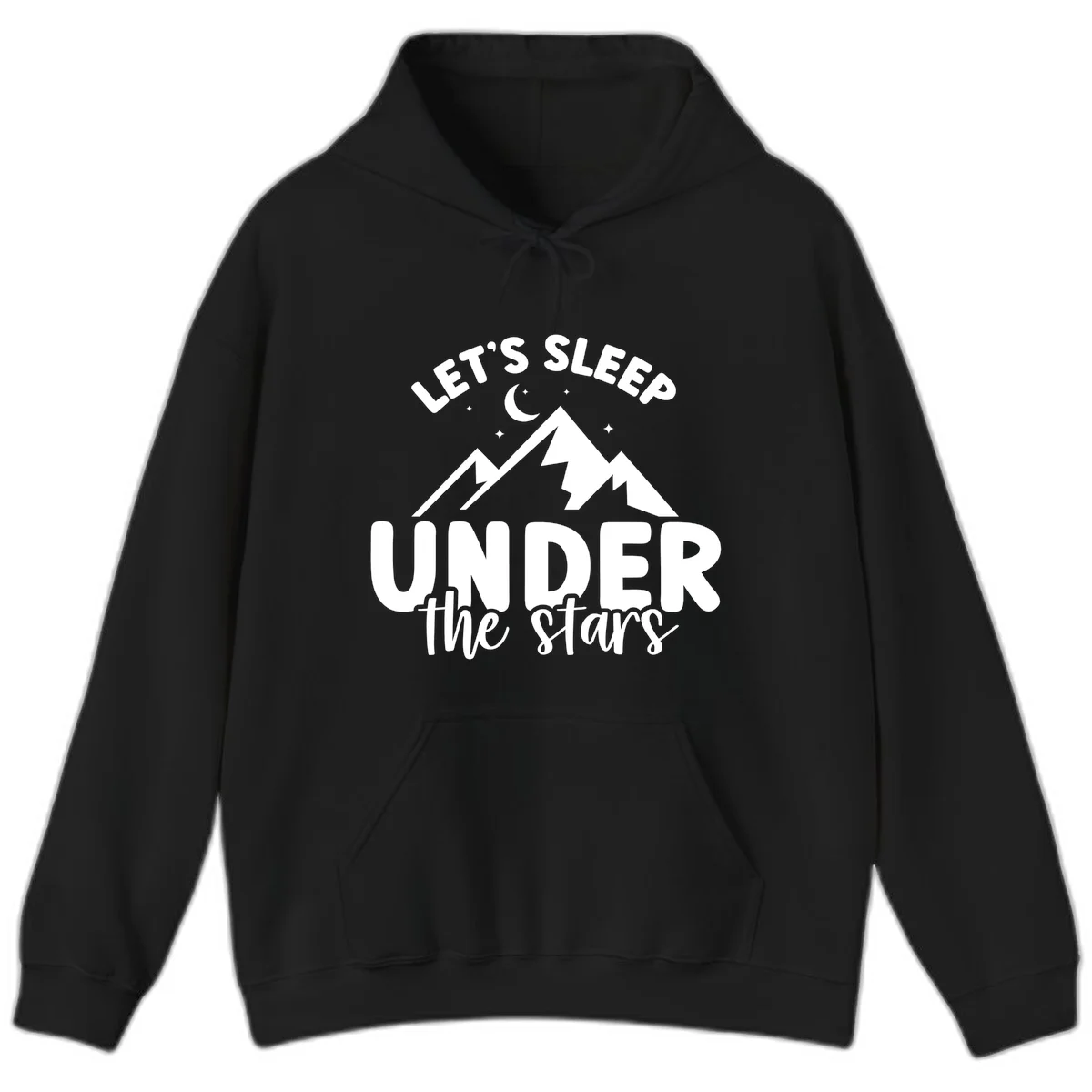 White illustration of jagged mountains with lightning bolts under a crescent moon and stars, with text reading 'Let's Sleep Under the stars' in Black