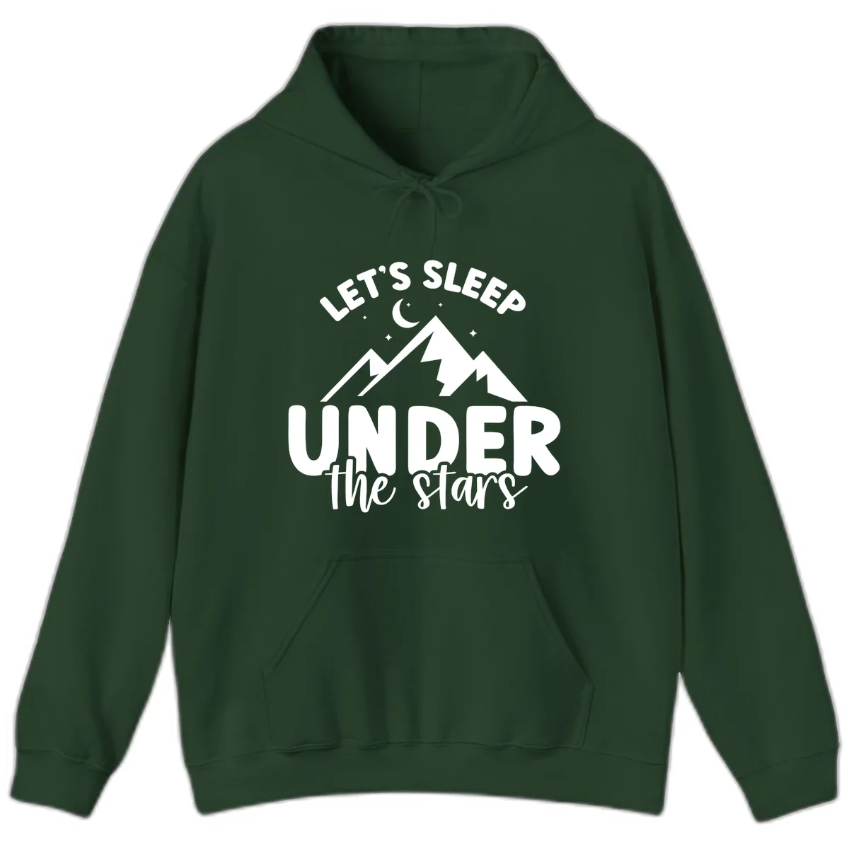 White illustration of jagged mountains with lightning bolts under a crescent moon and stars, with text reading 'Let's Sleep Under the stars' in Forest Green