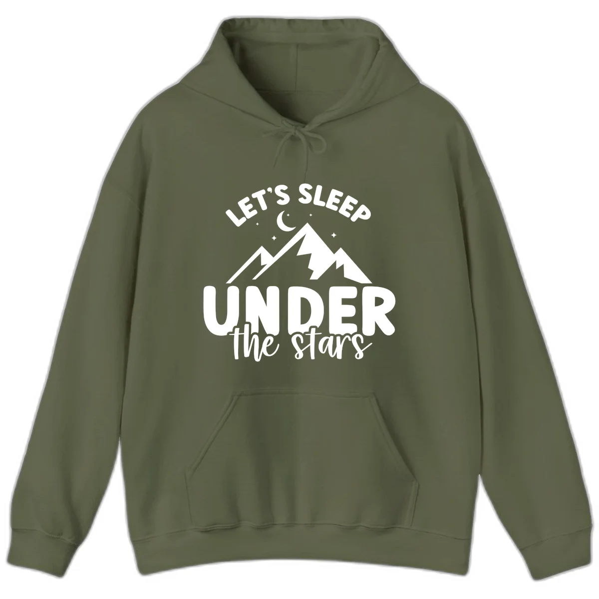 White illustration of jagged mountains with lightning bolts under a crescent moon and stars, with text reading 'Let's Sleep Under the stars' in Military Green