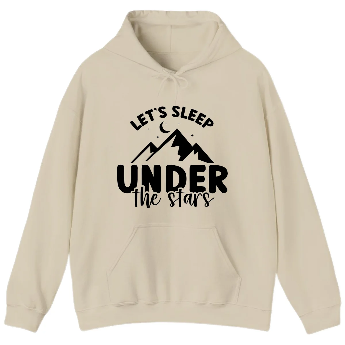 White illustration of jagged mountains with lightning bolts under a crescent moon and stars, with text reading 'Let's Sleep Under the stars' in Sand