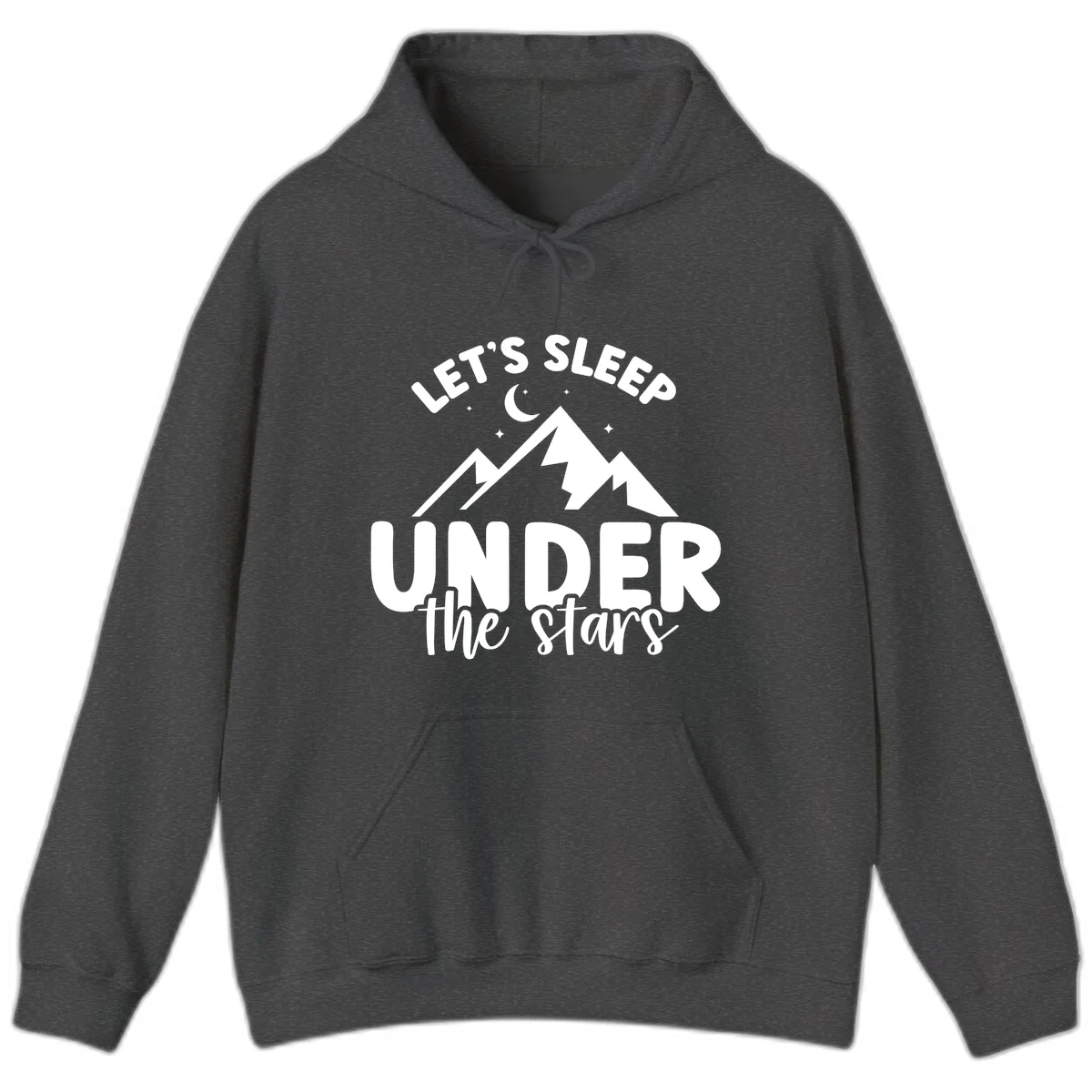 White illustration of jagged mountains with lightning bolts under a crescent moon and stars, with text reading 'Let's Sleep Under the stars' in Dark Heather