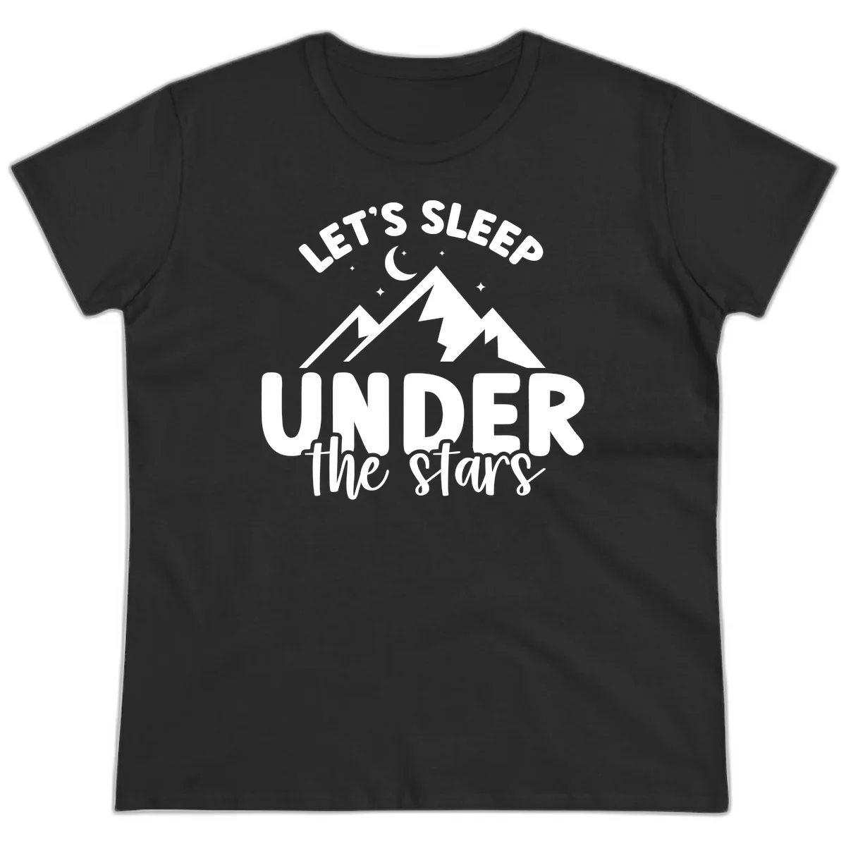 White illustration of jagged mountains with lightning bolts under a crescent moon and stars, with text reading 'Let's Sleep Under the stars' in Black