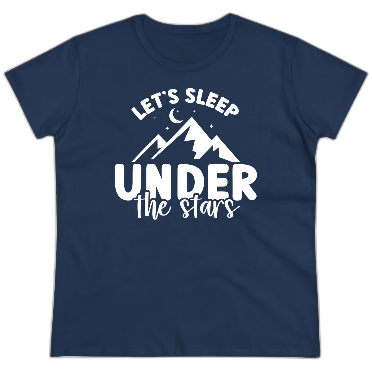 White illustration of jagged mountains with lightning bolts under a crescent moon and stars, with text reading 'Let's Sleep Under the stars' in Navy