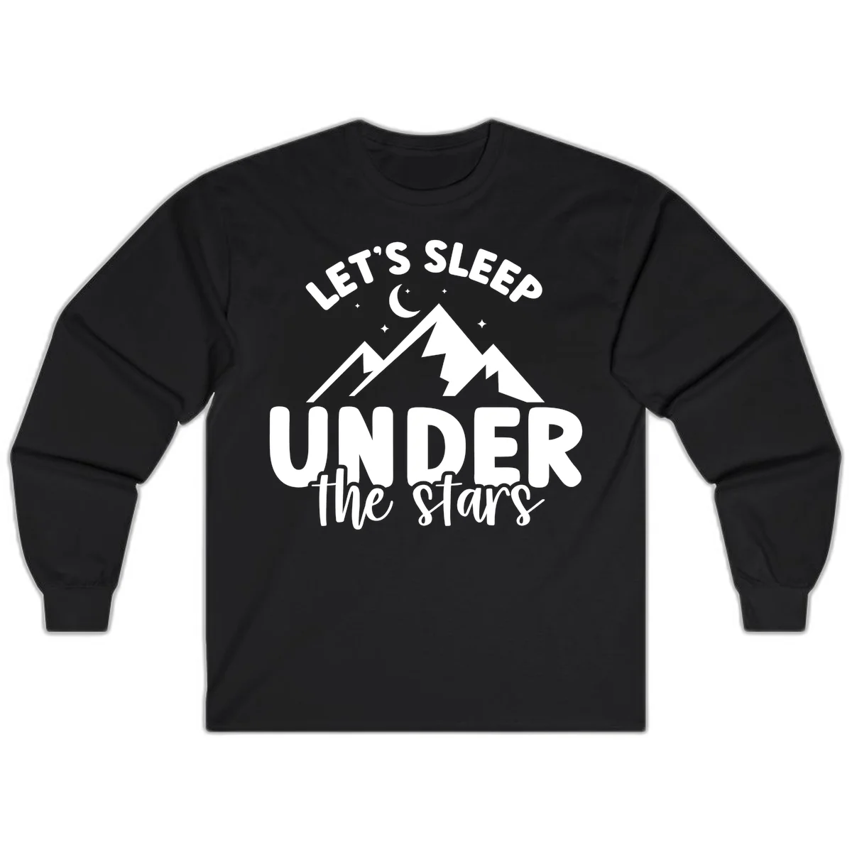 White illustration of jagged mountains with lightning bolts under a crescent moon and stars, with text reading 'Let's Sleep Under the stars' in Black