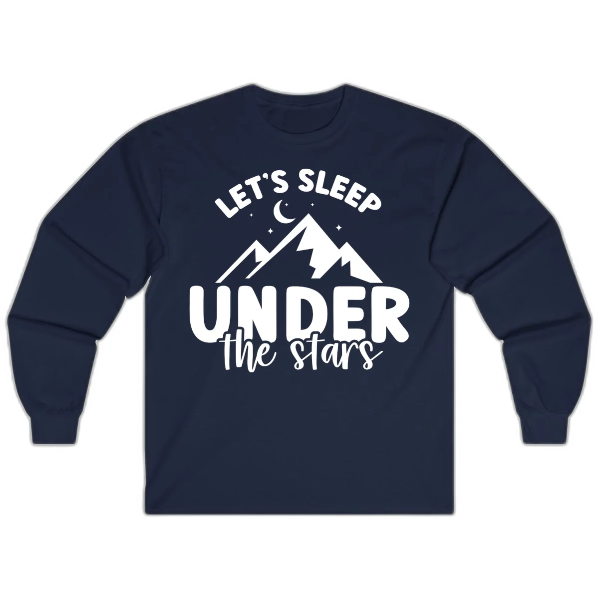 White illustration of jagged mountains with lightning bolts under a crescent moon and stars, with text reading 'Let's Sleep Under the stars' in Navy