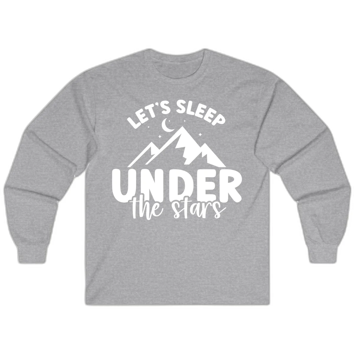 White illustration of jagged mountains with lightning bolts under a crescent moon and stars, with text reading 'Let's Sleep Under the stars' in Sport Grey