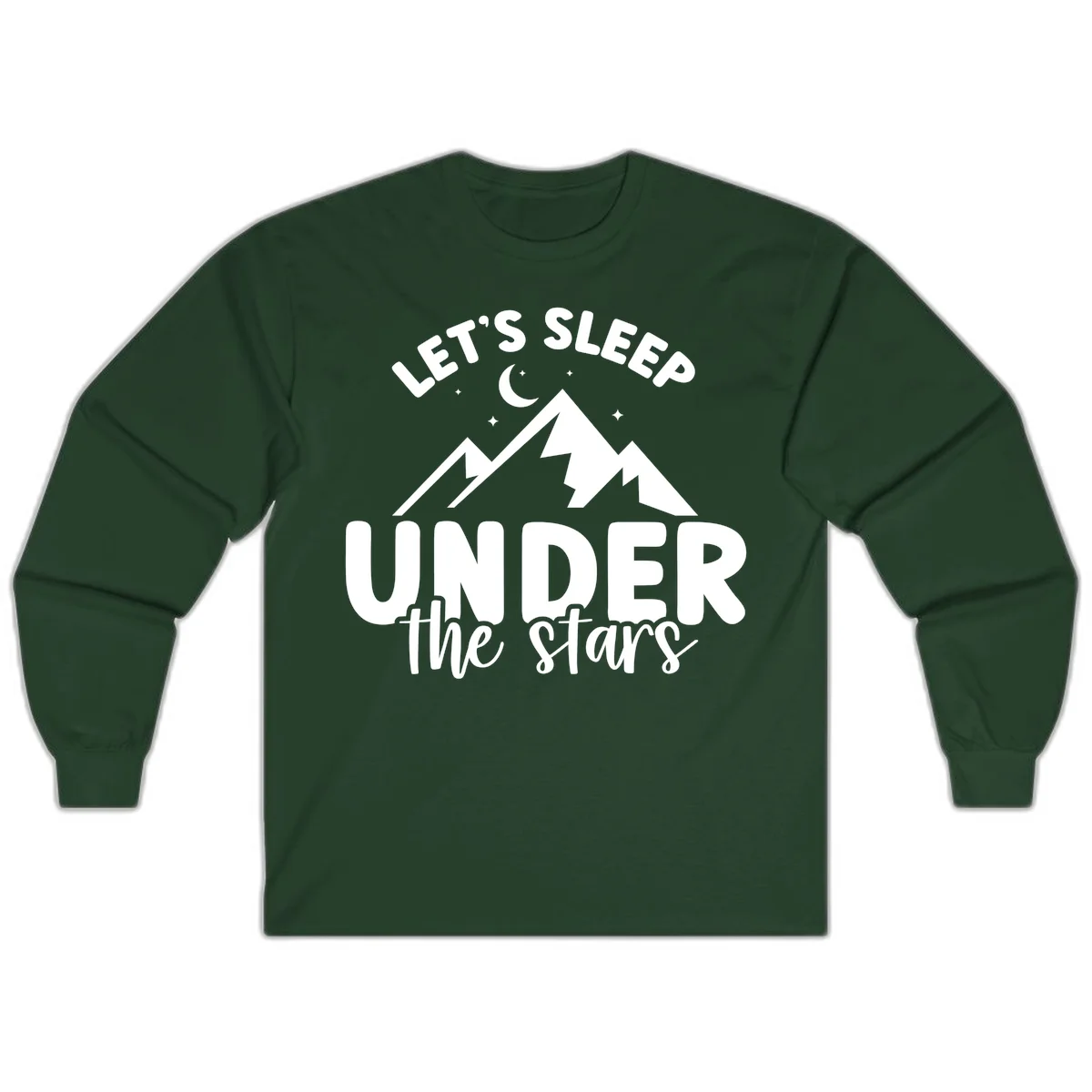 White illustration of jagged mountains with lightning bolts under a crescent moon and stars, with text reading 'Let's Sleep Under the stars' in Forest Green