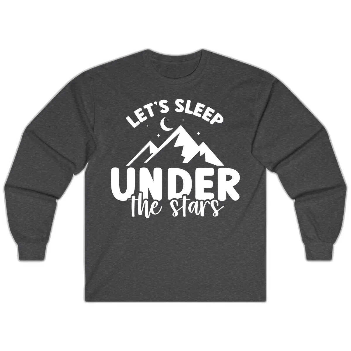 White illustration of jagged mountains with lightning bolts under a crescent moon and stars, with text reading 'Let's Sleep Under the stars' in Dark Heather