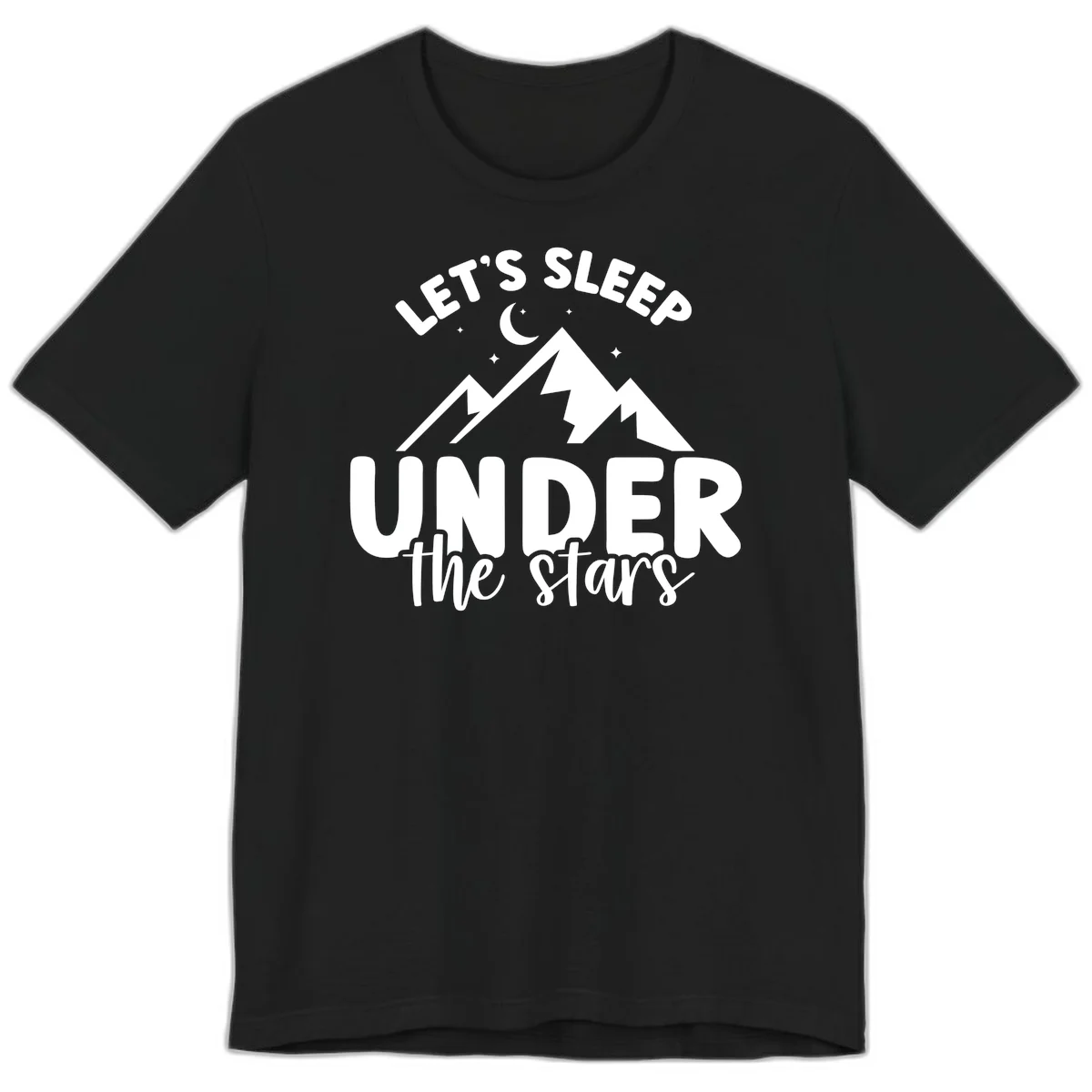 White illustration of jagged mountains with lightning bolts under a crescent moon and stars, with text reading 'Let's Sleep Under the stars' in Black