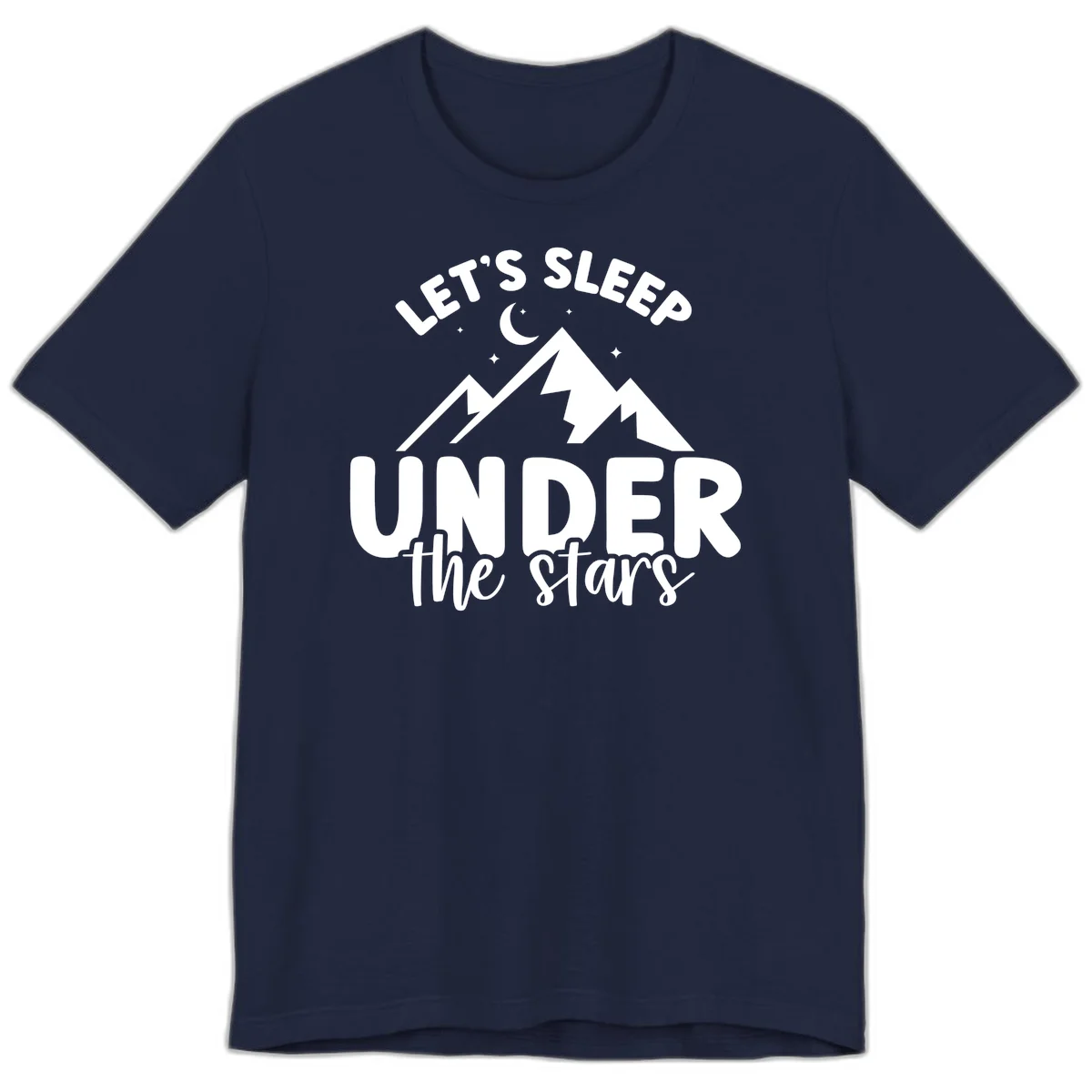 White illustration of jagged mountains with lightning bolts under a crescent moon and stars, with text reading 'Let's Sleep Under the stars' in Navy