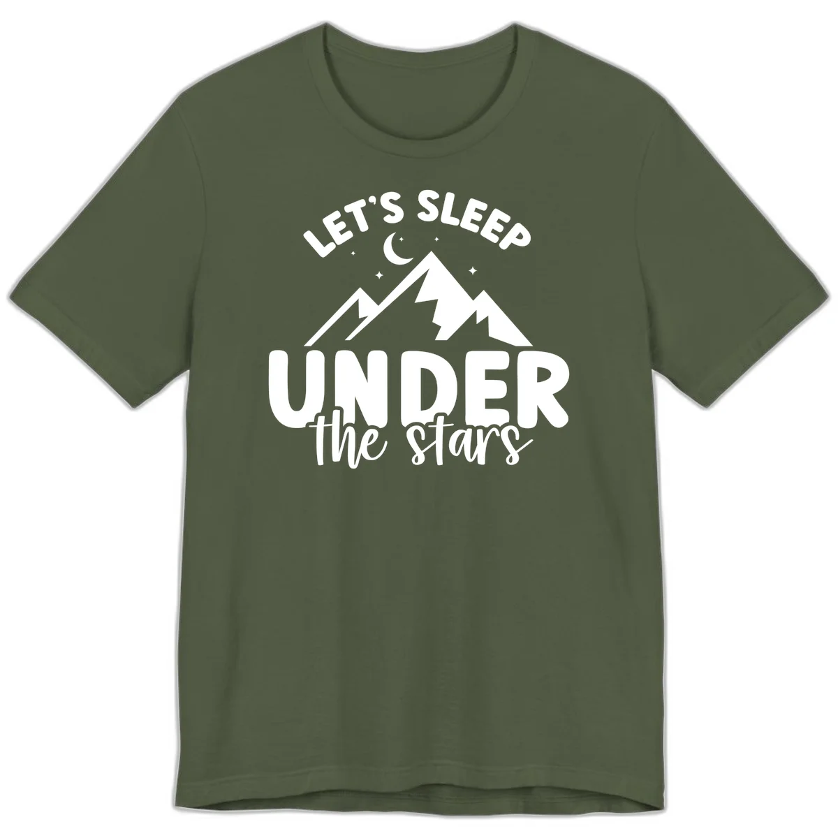 White illustration of jagged mountains with lightning bolts under a crescent moon and stars, with text reading 'Let's Sleep Under the stars' in Military Green