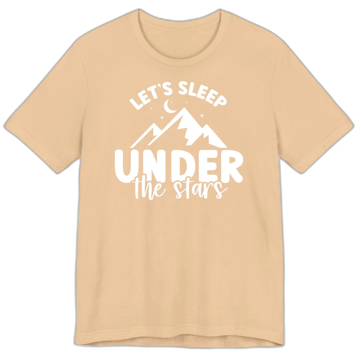 White illustration of jagged mountains with lightning bolts under a crescent moon and stars, with text reading 'Let's Sleep Under the stars' in Sand Dune