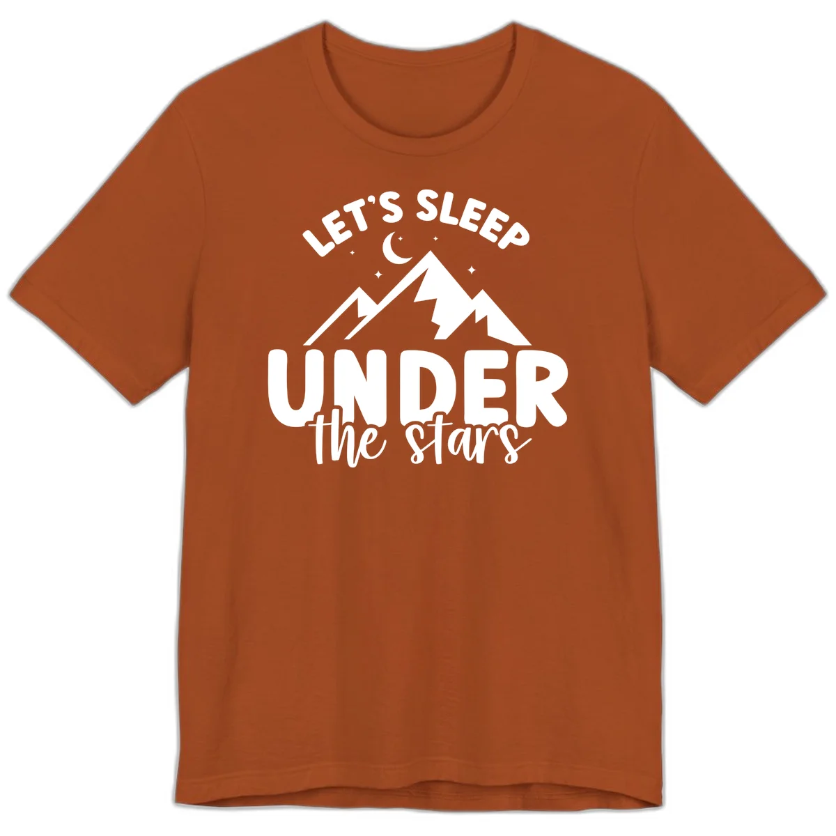 White illustration of jagged mountains with lightning bolts under a crescent moon and stars, with text reading 'Let's Sleep Under the stars' in Autumn