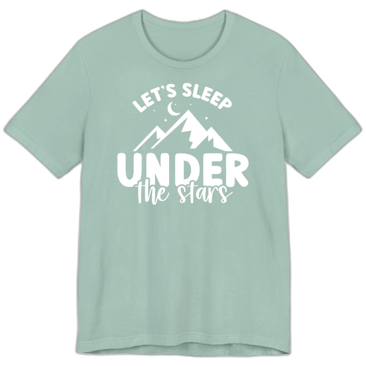 White illustration of jagged mountains with lightning bolts under a crescent moon and stars, with text reading 'Let's Sleep Under the stars' in Dusty Blue