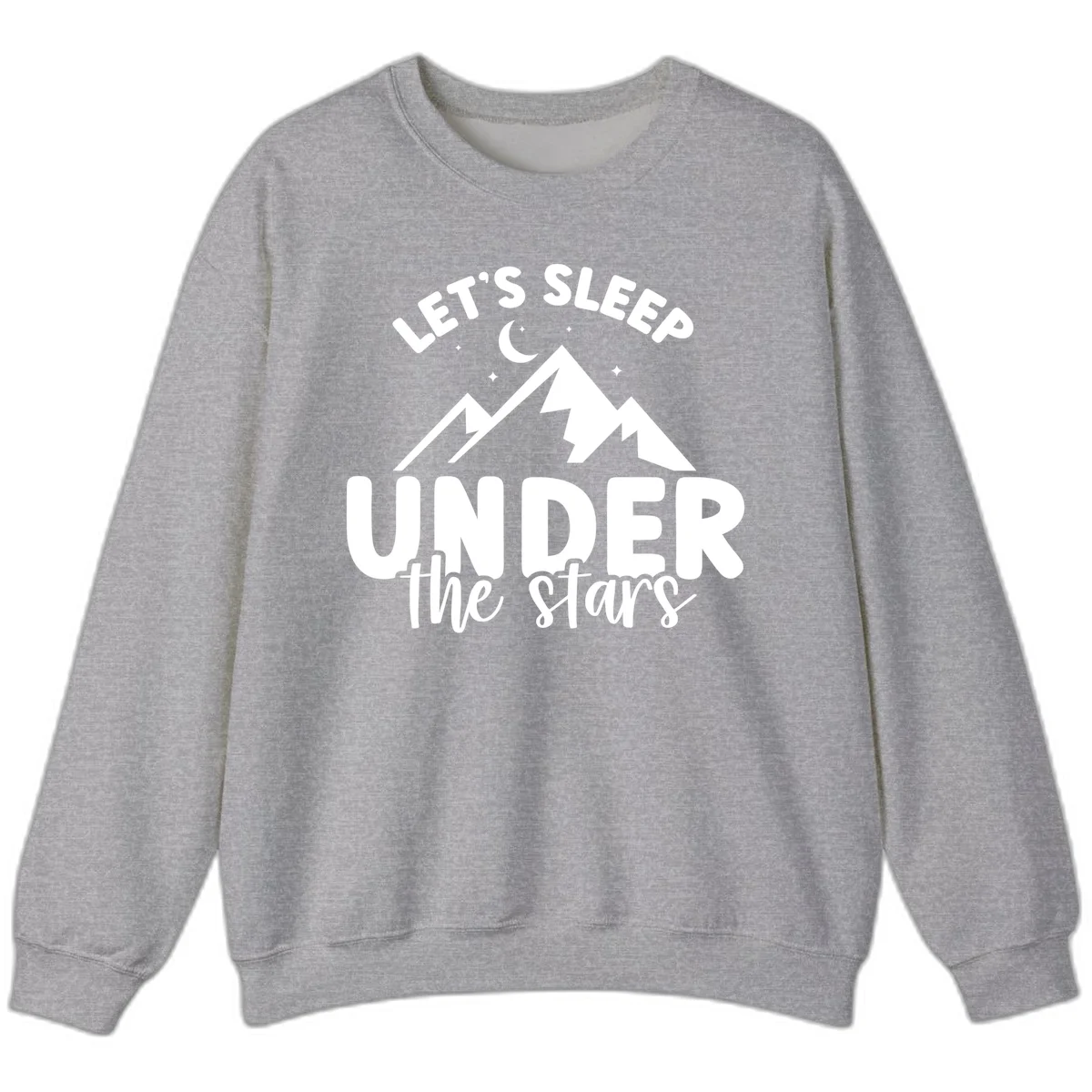 White illustration of jagged mountains with lightning bolts under a crescent moon and stars, with text reading 'Let's Sleep Under the stars' in Sport Grey