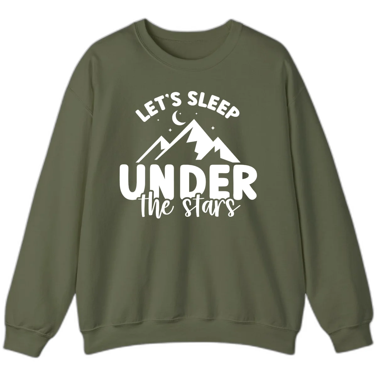 White illustration of jagged mountains with lightning bolts under a crescent moon and stars, with text reading 'Let's Sleep Under the stars' in Military Green