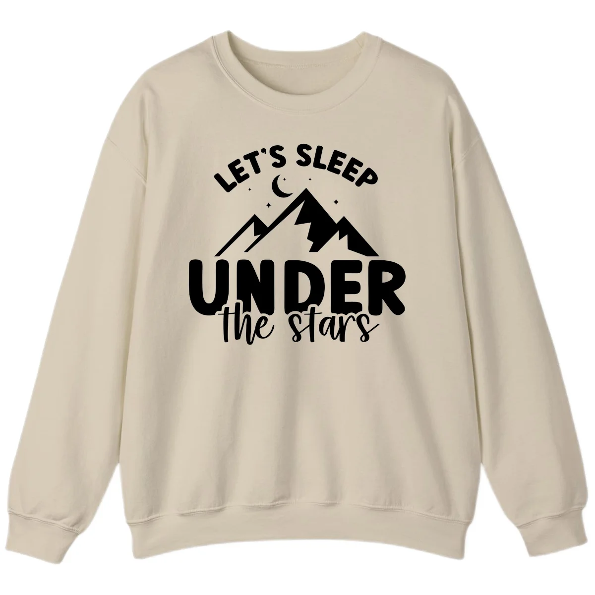 White illustration of jagged mountains with lightning bolts under a crescent moon and stars, with text reading 'Let's Sleep Under the stars' in Sand