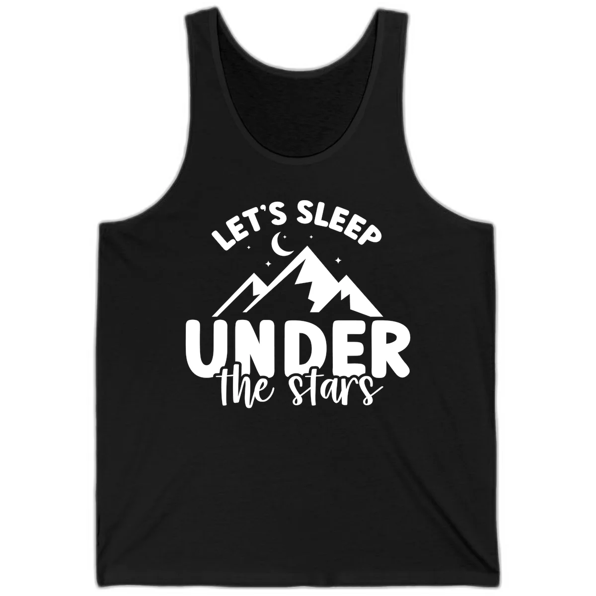 White illustration of jagged mountains with lightning bolts under a crescent moon and stars, with text reading 'Let's Sleep Under the stars' in Black