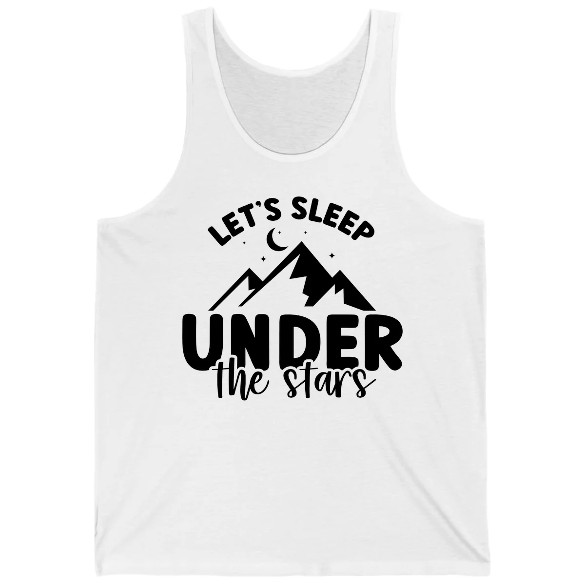 White illustration of jagged mountains with lightning bolts under a crescent moon and stars, with text reading 'Let's Sleep Under the stars' in White