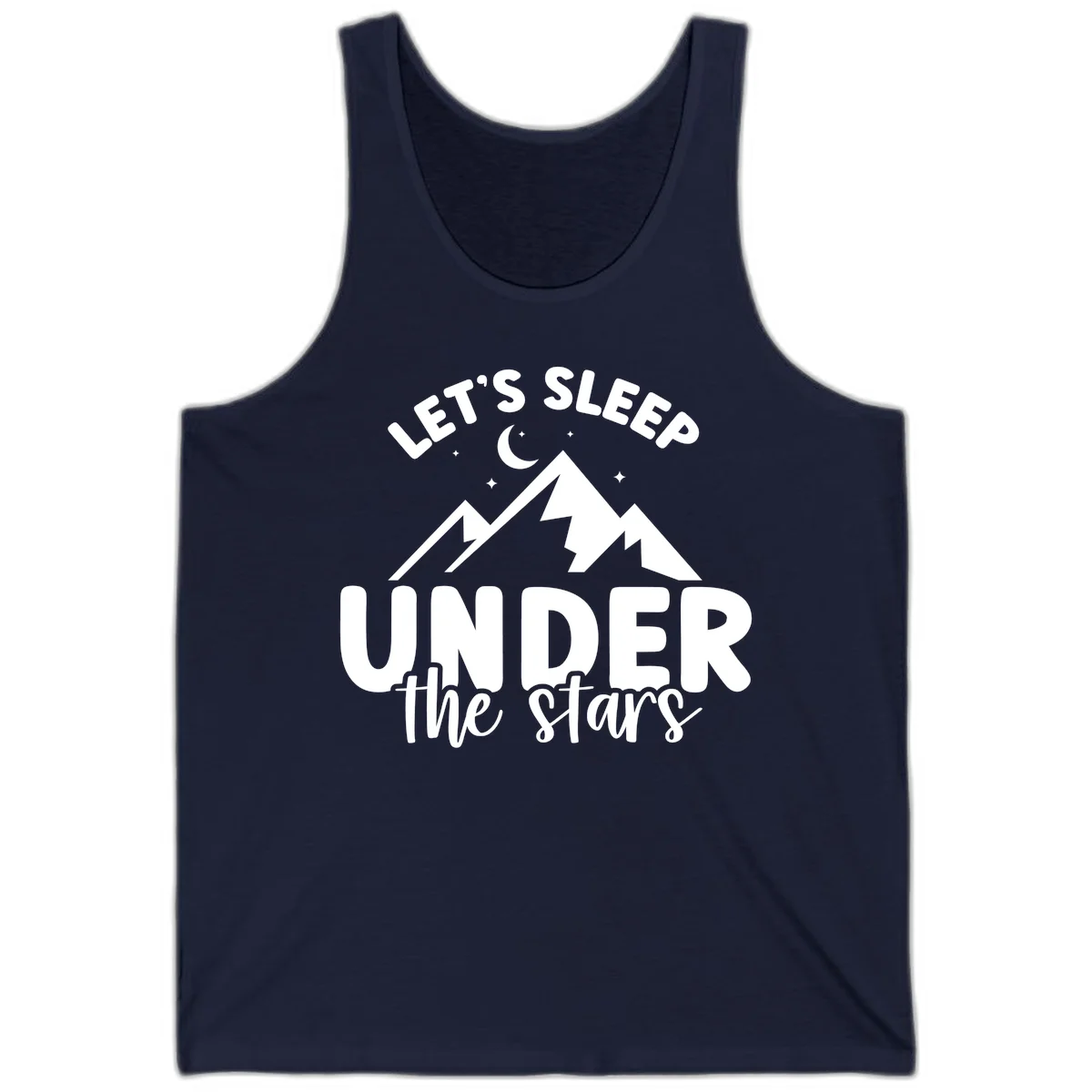 White illustration of jagged mountains with lightning bolts under a crescent moon and stars, with text reading 'Let's Sleep Under the stars' in Navy