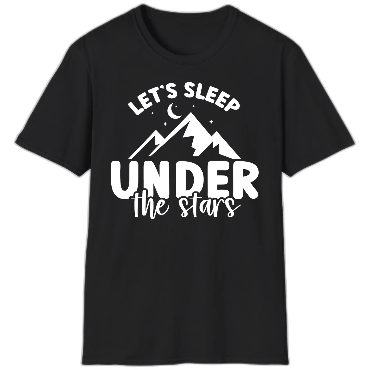 White illustration of jagged mountains with lightning bolts under a crescent moon and stars, with text reading 'Let's Sleep Under the stars' in Black