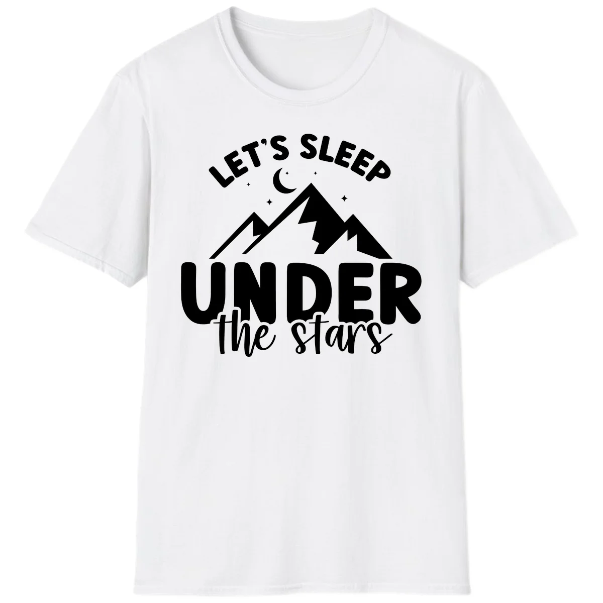 White illustration of jagged mountains with lightning bolts under a crescent moon and stars, with text reading 'Let's Sleep Under the stars' in White
