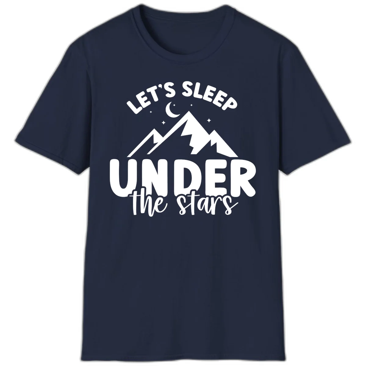 White illustration of jagged mountains with lightning bolts under a crescent moon and stars, with text reading 'Let's Sleep Under the stars' in Navy
