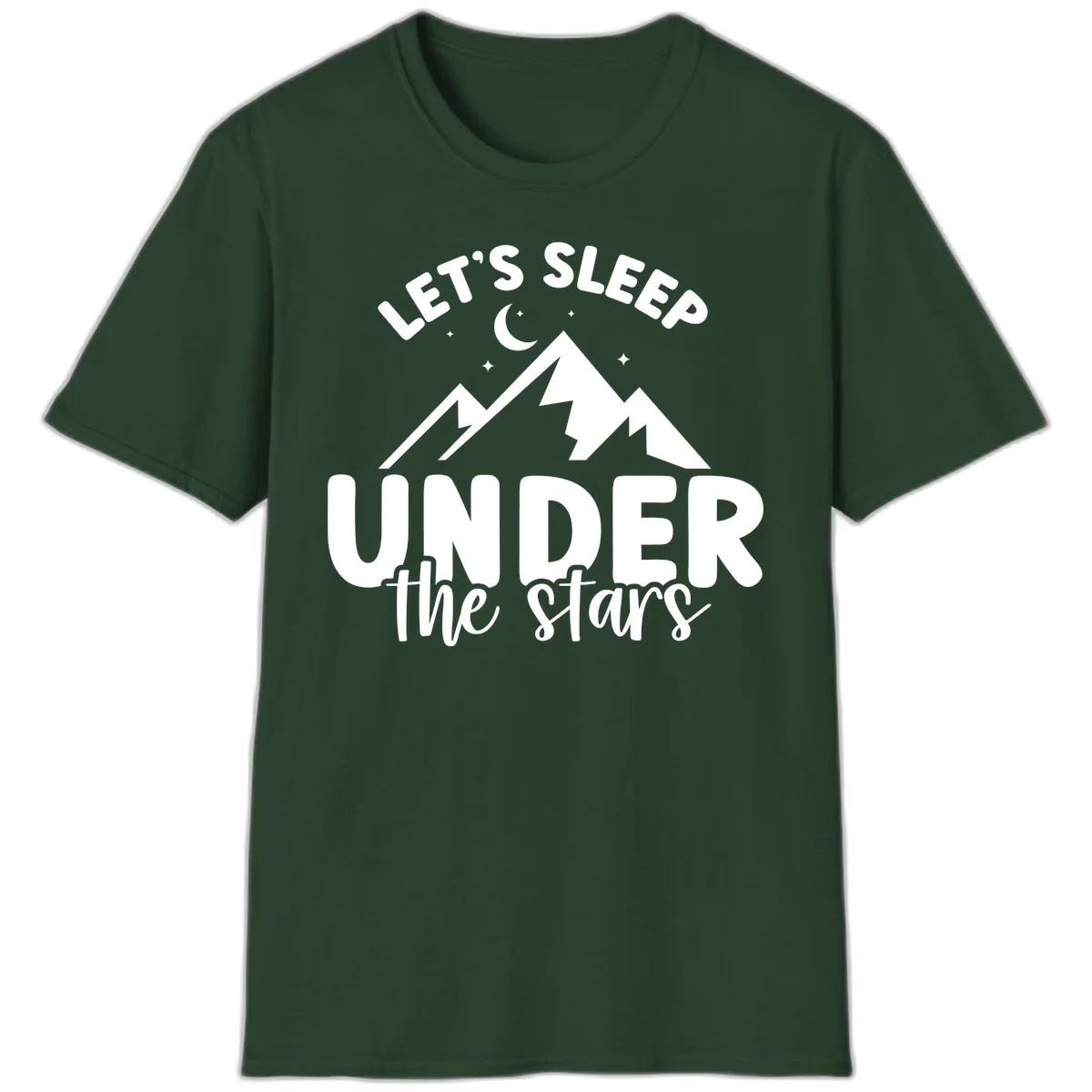 White illustration of jagged mountains with lightning bolts under a crescent moon and stars, with text reading 'Let's Sleep Under the stars' in Forest Green