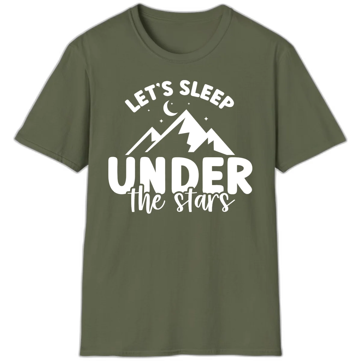 White illustration of jagged mountains with lightning bolts under a crescent moon and stars, with text reading 'Let's Sleep Under the stars' in Military Green