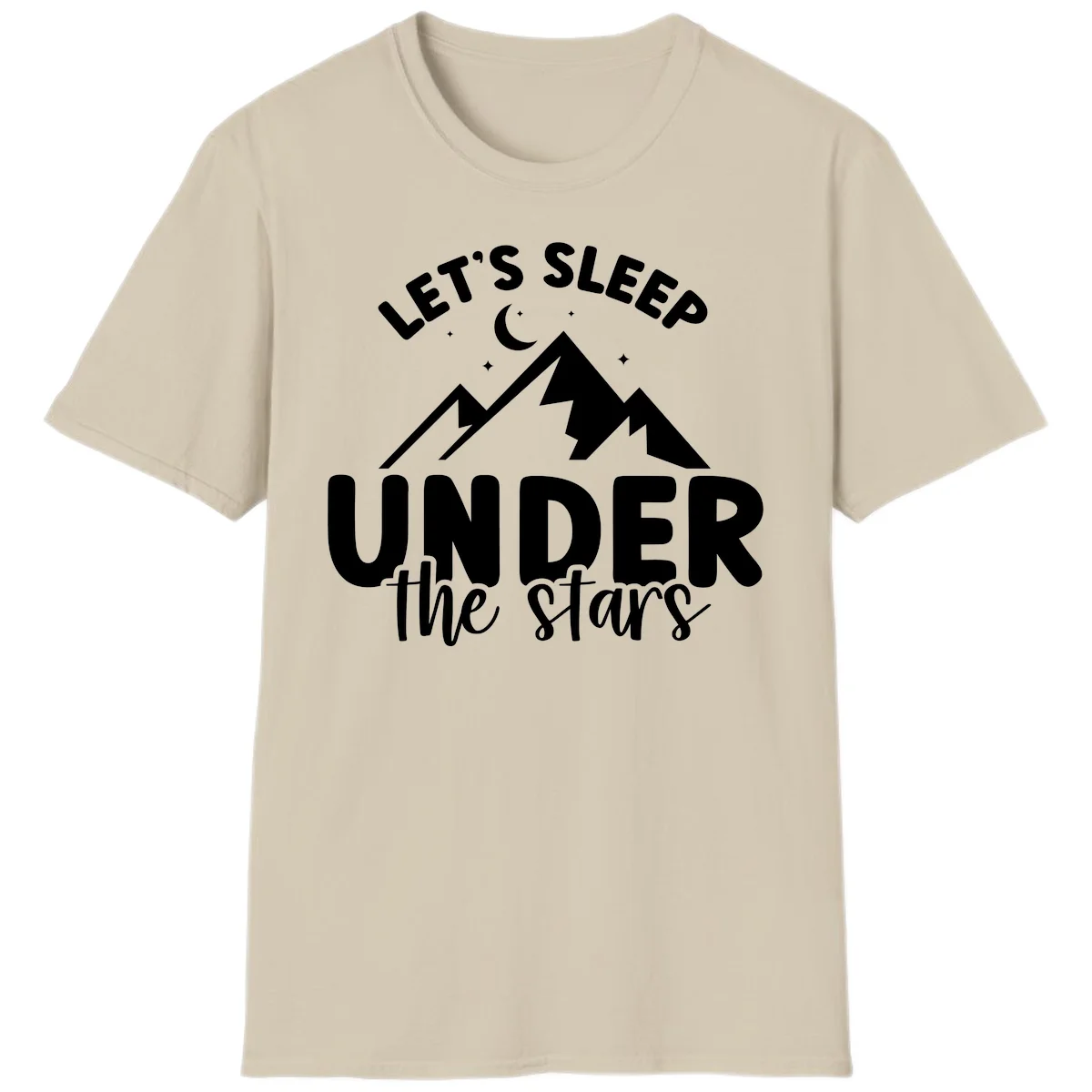 White illustration of jagged mountains with lightning bolts under a crescent moon and stars, with text reading 'Let's Sleep Under the stars' in Sand