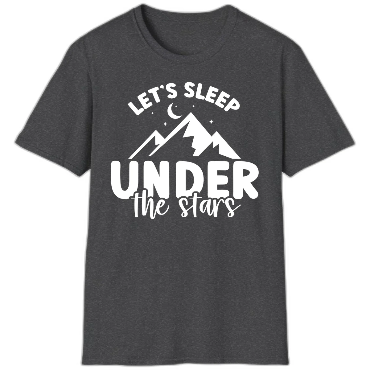 White illustration of jagged mountains with lightning bolts under a crescent moon and stars, with text reading 'Let's Sleep Under the stars' in Dark Heather