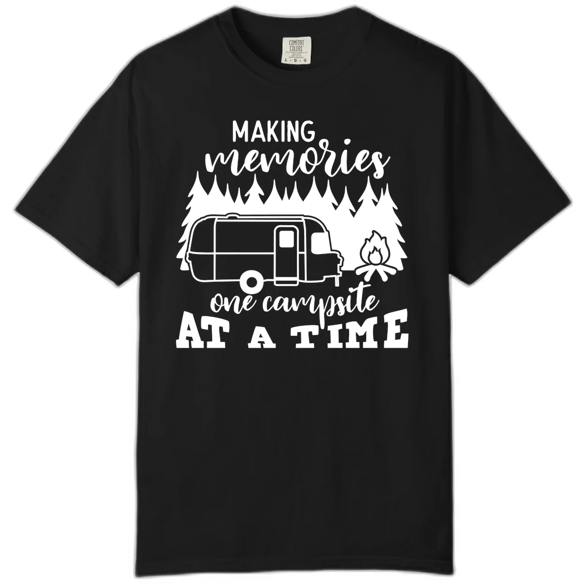 Vintage Airstream trailer parked among evergreen trees with a campfire, text reading Making Memories One Campsite At A Time in Black