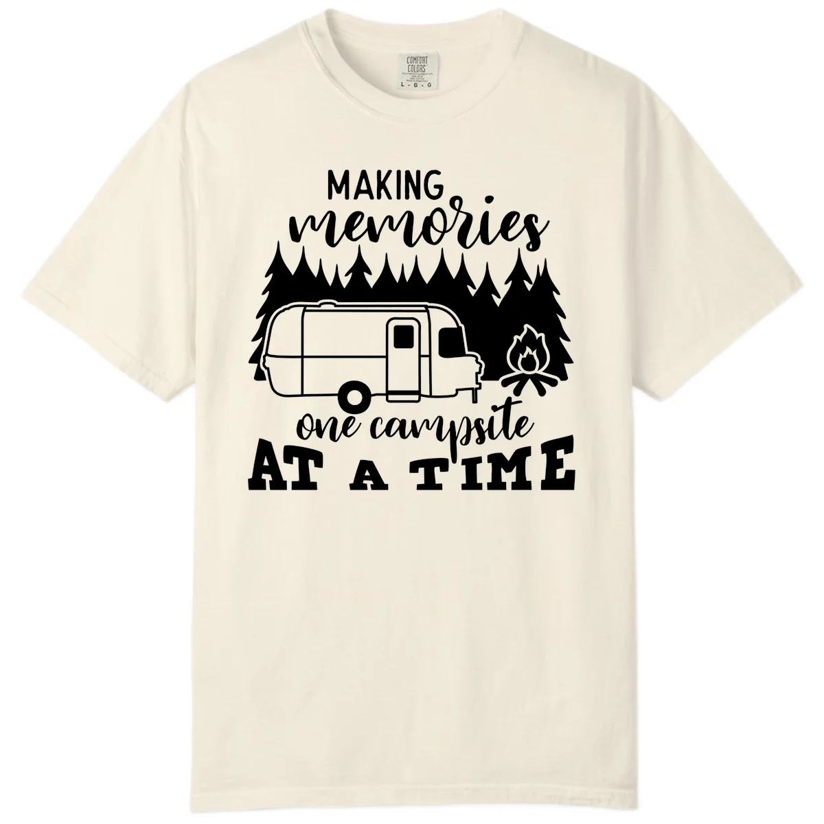 Vintage Airstream trailer parked among evergreen trees with a campfire, text reading Making Memories One Campsite At A Time in Ivory