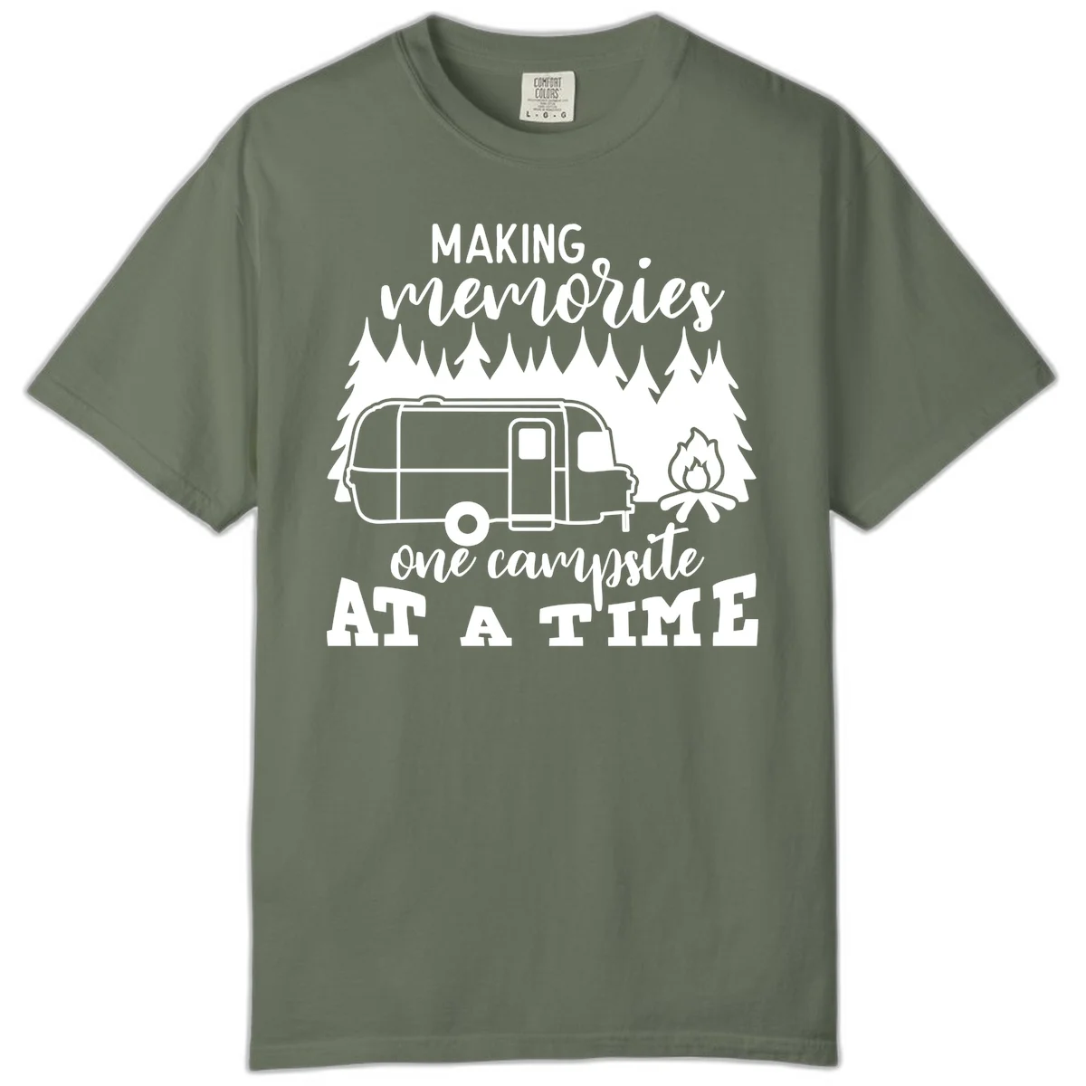 Vintage Airstream trailer parked among evergreen trees with a campfire, text reading Making Memories One Campsite At A Time in Moss