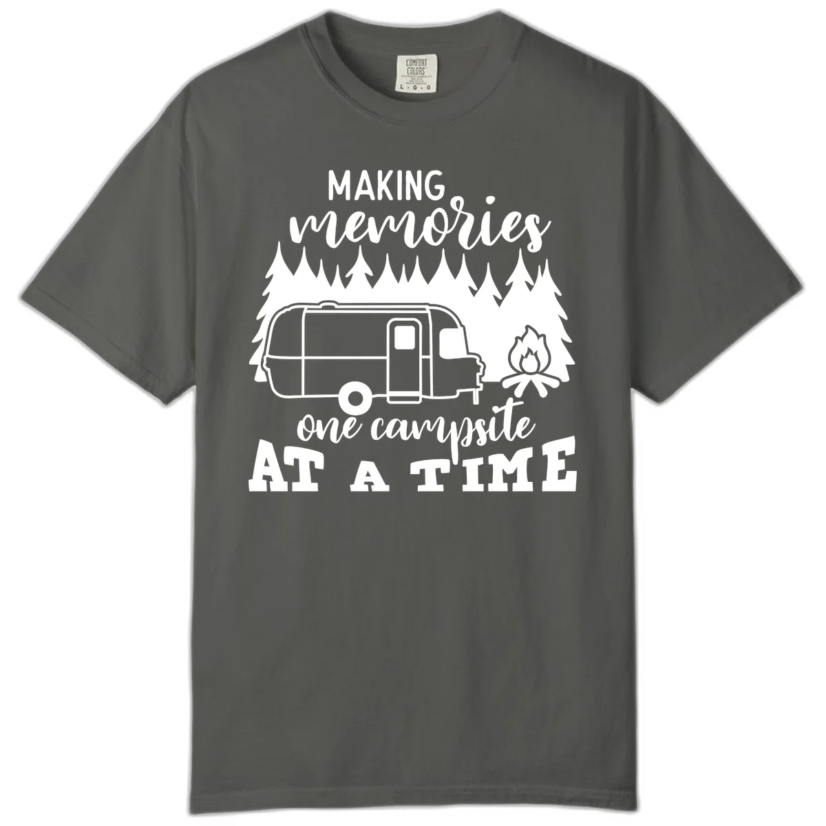 Vintage Airstream trailer parked among evergreen trees with a campfire, text reading Making Memories One Campsite At A Time in Pepper