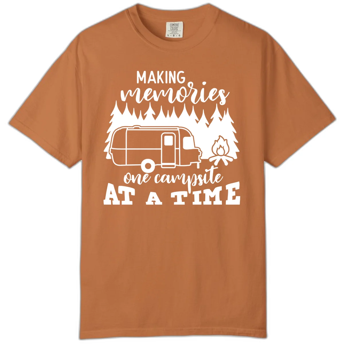 Vintage Airstream trailer parked among evergreen trees with a campfire, text reading Making Memories One Campsite At A Time in Yam