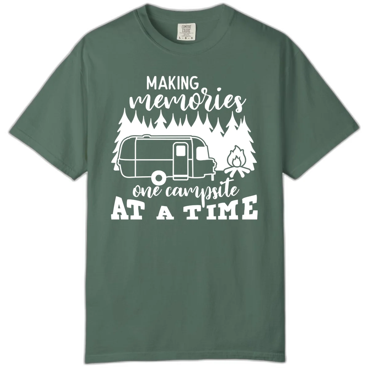 Vintage Airstream trailer parked among evergreen trees with a campfire, text reading Making Memories One Campsite At A Time in Blue Spruce