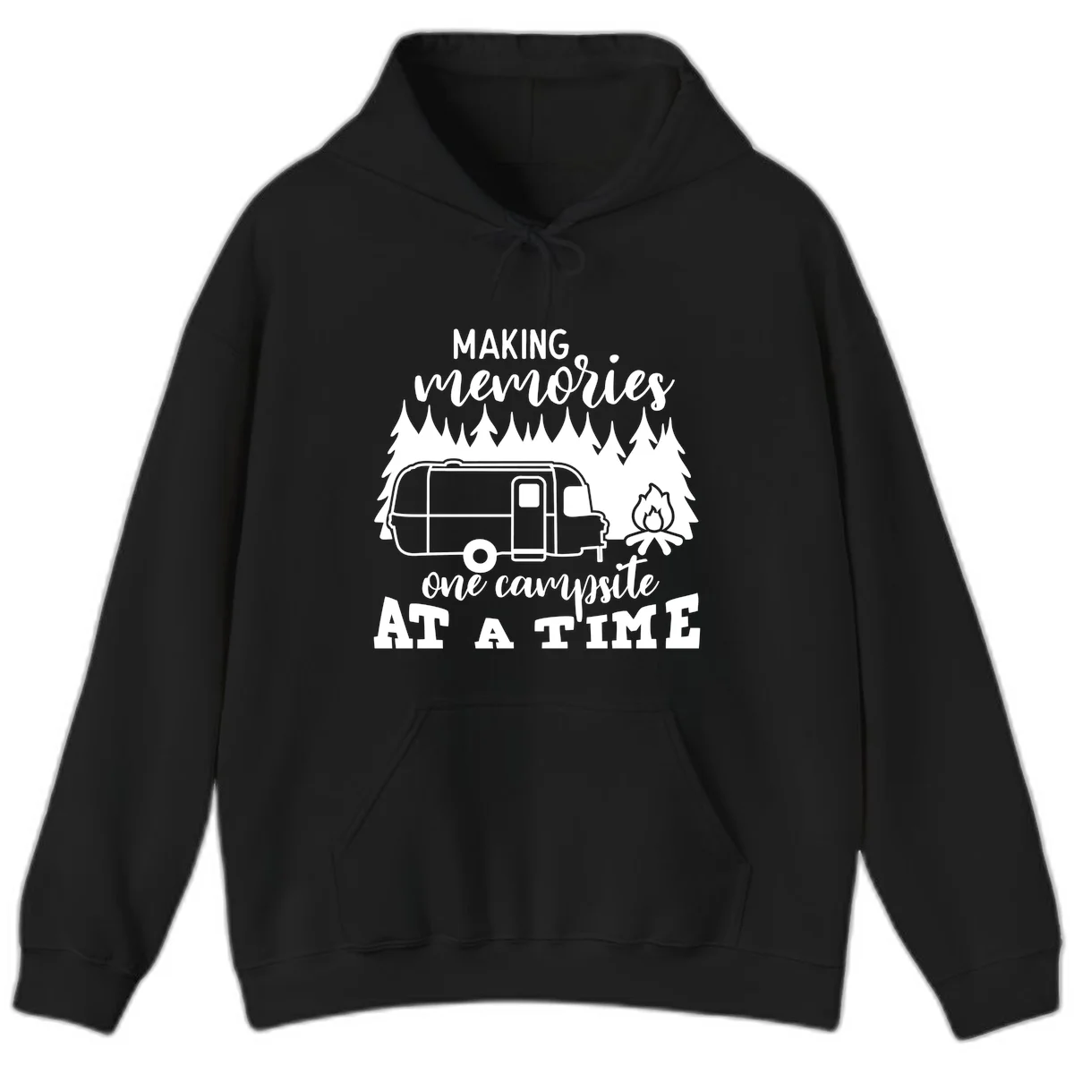 Vintage Airstream trailer parked among evergreen trees with a campfire, text reading Making Memories One Campsite At A Time in Black