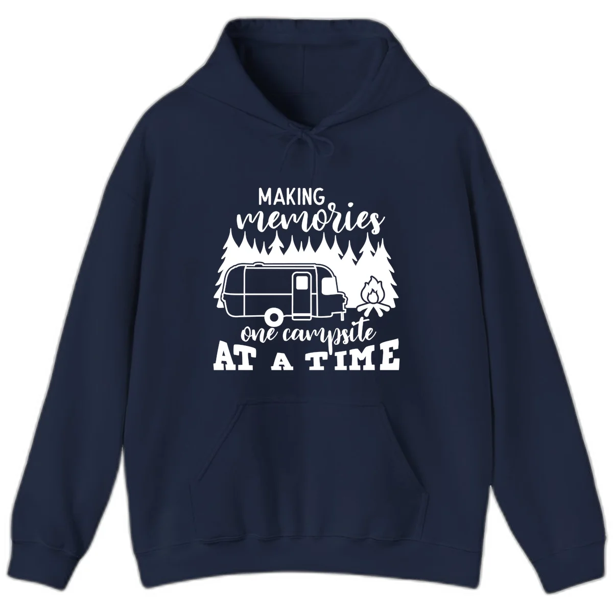 Vintage Airstream trailer parked among evergreen trees with a campfire, text reading Making Memories One Campsite At A Time in Navy