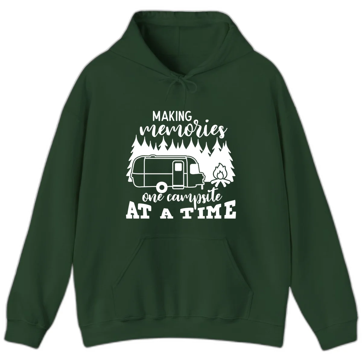 Vintage Airstream trailer parked among evergreen trees with a campfire, text reading Making Memories One Campsite At A Time in Forest Green