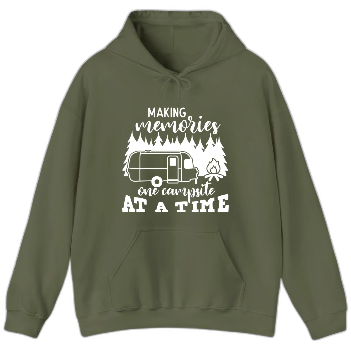 Vintage Airstream trailer parked among evergreen trees with a campfire, text reading Making Memories One Campsite At A Time in Military Green