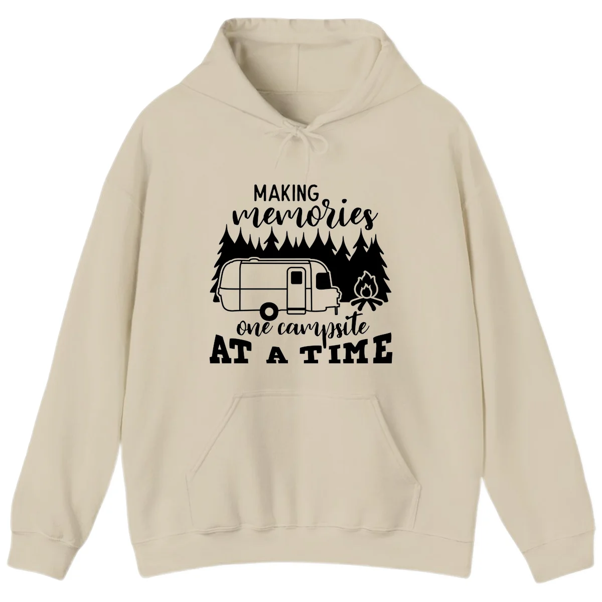 Vintage Airstream trailer parked among evergreen trees with a campfire, text reading Making Memories One Campsite At A Time in Sand