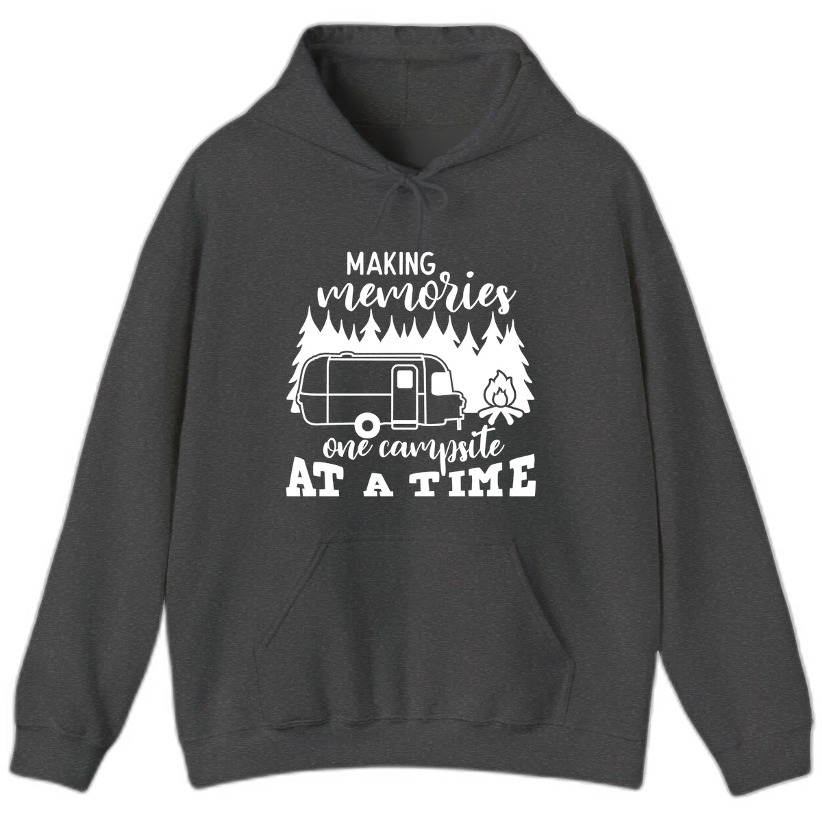 Vintage Airstream trailer parked among evergreen trees with a campfire, text reading Making Memories One Campsite At A Time in Dark Heather