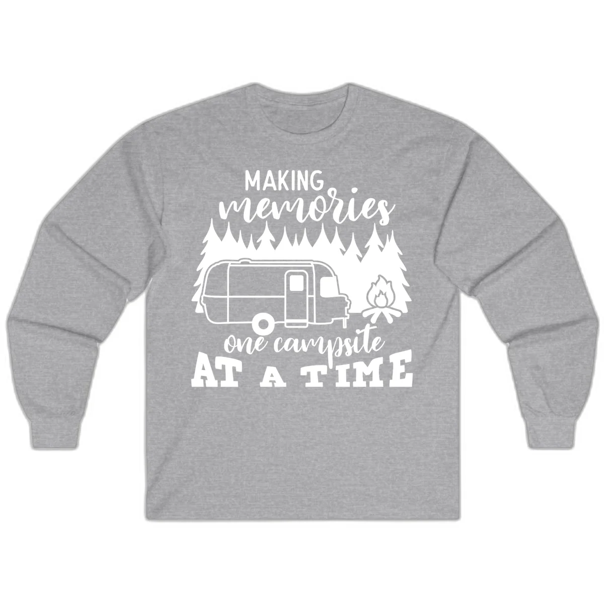 Vintage Airstream trailer parked among evergreen trees with a campfire, text reading Making Memories One Campsite At A Time in Sport Grey