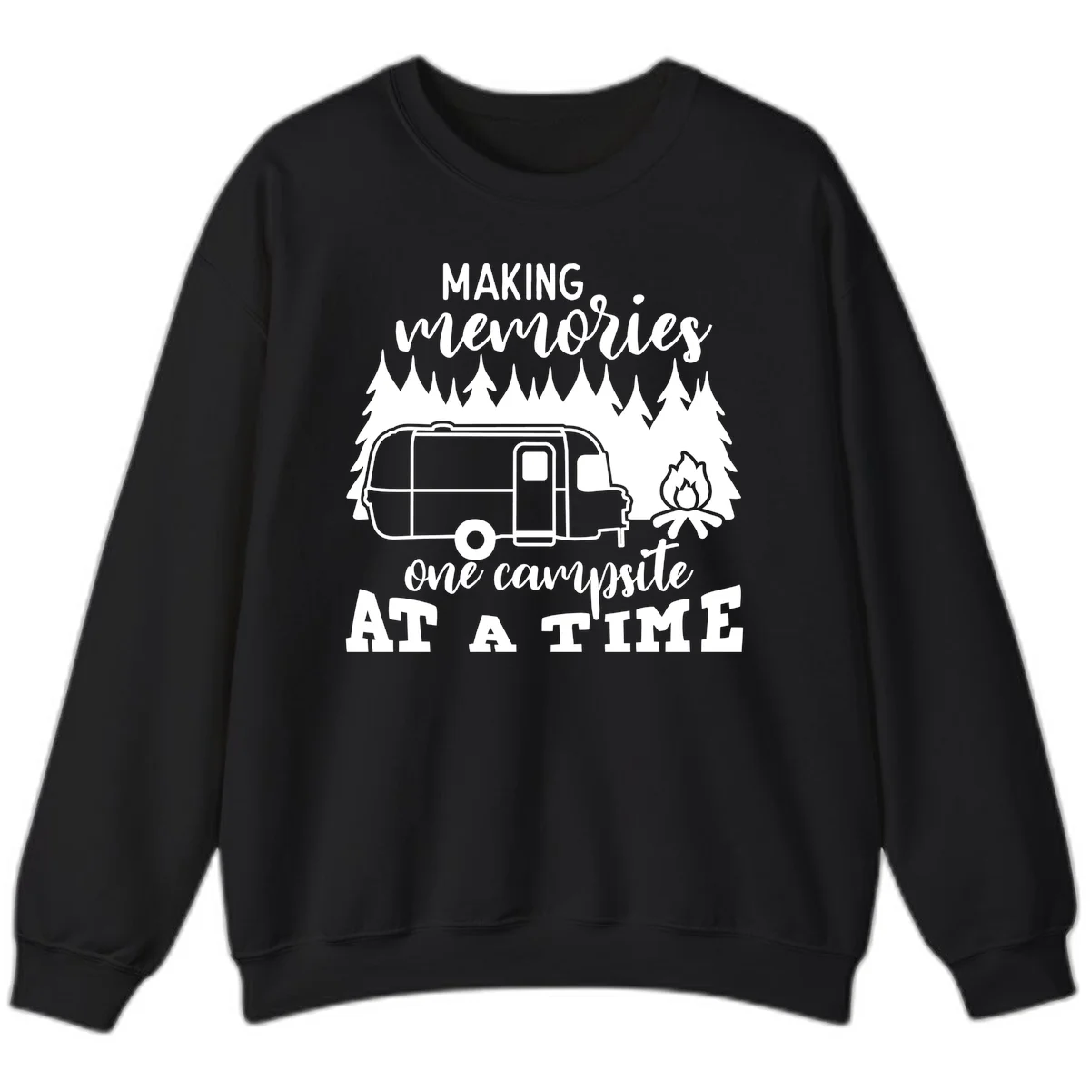 Vintage Airstream trailer parked among evergreen trees with a campfire, text reading Making Memories One Campsite At A Time in Black