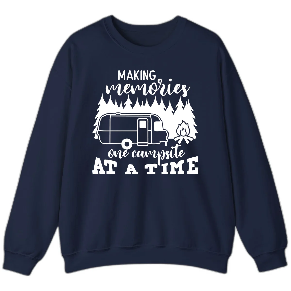 Vintage Airstream trailer parked among evergreen trees with a campfire, text reading Making Memories One Campsite At A Time in Navy