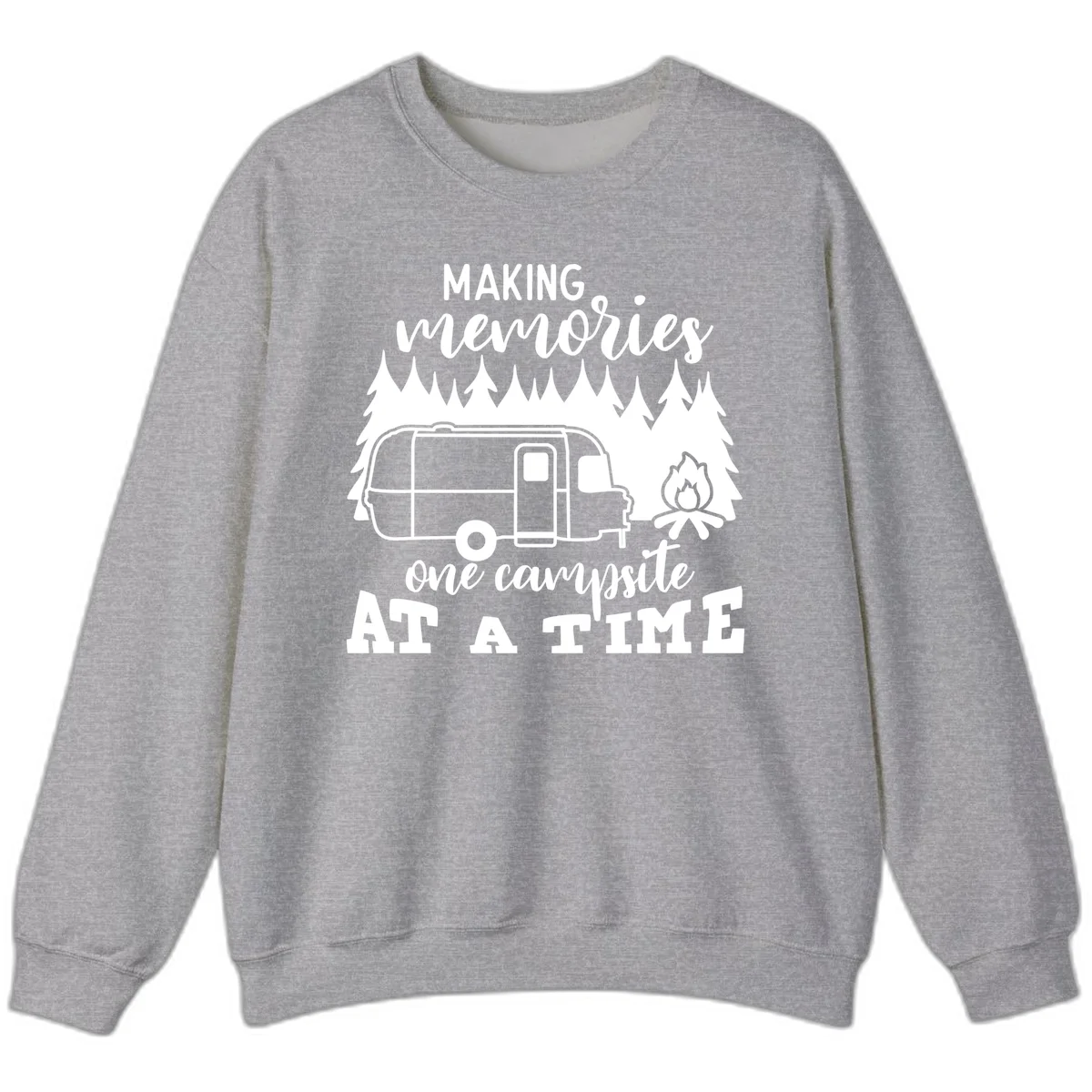 Vintage Airstream trailer parked among evergreen trees with a campfire, text reading Making Memories One Campsite At A Time in Sport Grey