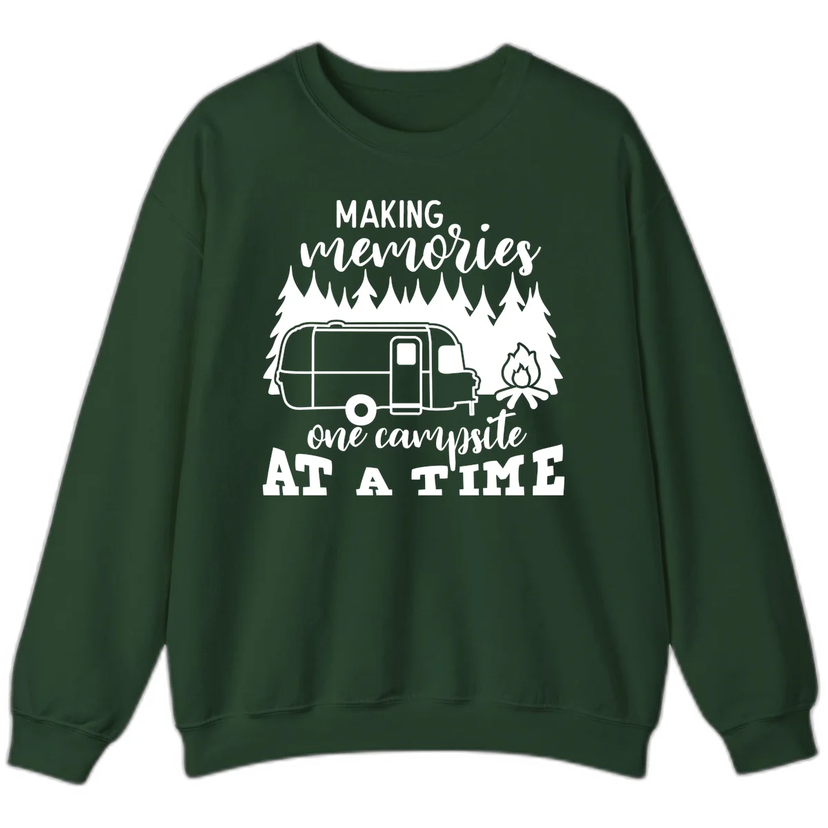 Vintage Airstream trailer parked among evergreen trees with a campfire, text reading Making Memories One Campsite At A Time in Forest Green