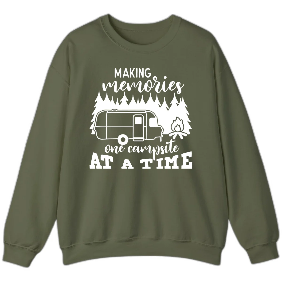 Vintage Airstream trailer parked among evergreen trees with a campfire, text reading Making Memories One Campsite At A Time in Military Green